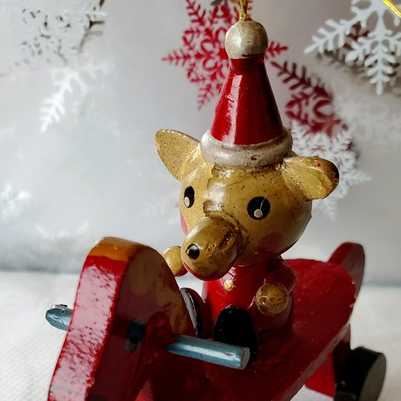 Vintage Wooden Bear Riding a Red Wooden Rolling Horse Toy Christmas Ornament - Picture 11 of 12